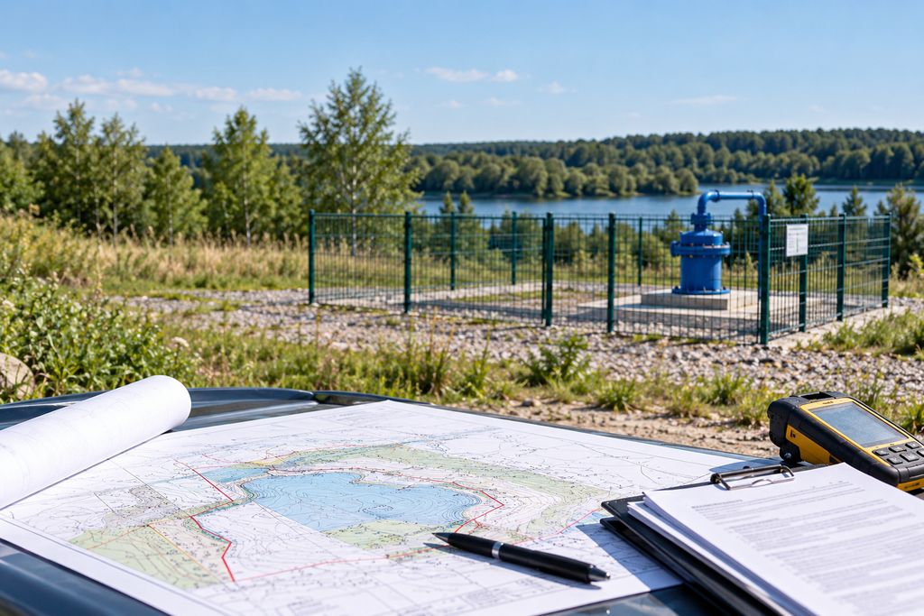 Карта территории водозабора с границами участка и полевым GPS-приёмником у ограждённой скважины